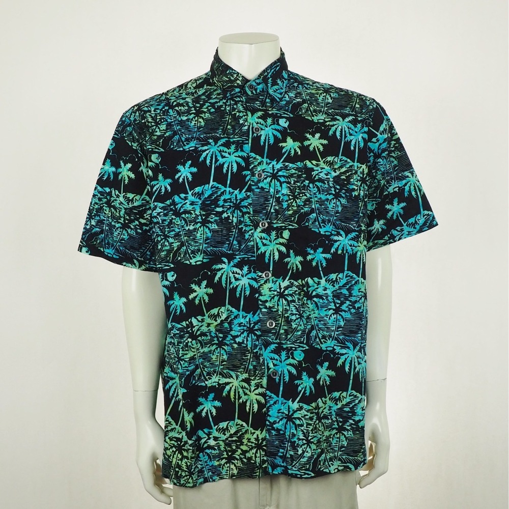 Johari West Hawaiian Button Down Shirt Mens Large Black Floral Cotton Tropical